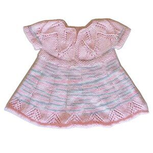 Hand Knit Little Girls Toddler Doll Dress Pink Gray White Handmade